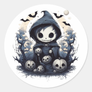 Hooded Chibi Reaper Halloween - Whimsical Dark Fan Classic Round Sticker