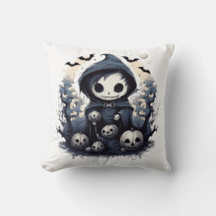 Hooded Chibi Reaper Halloween - Whimsical Dark Fan Cushion