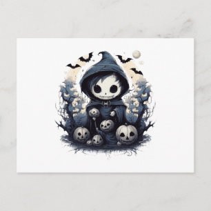 Hooded Chibi Reaper Halloween - Whimsical Dark Fan Postcard
