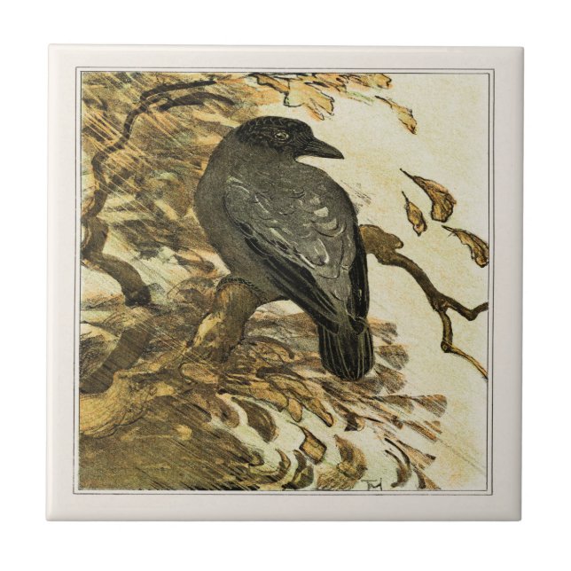 Hooded Crow on Branch Victorian Art Ceramic Tile (Front)