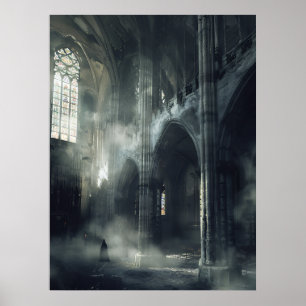 Hooded Figure Abandoned Gothic Cathedral Poster