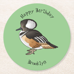 Hooded merganser bird cartoon illustration Round Paper Coaster