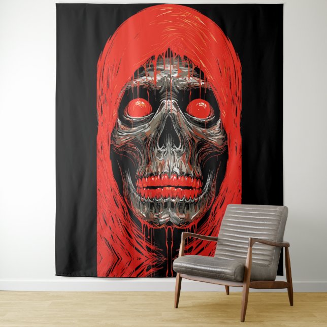 Hooded Skull in Fiery Red Design Tapestry (In Situ)