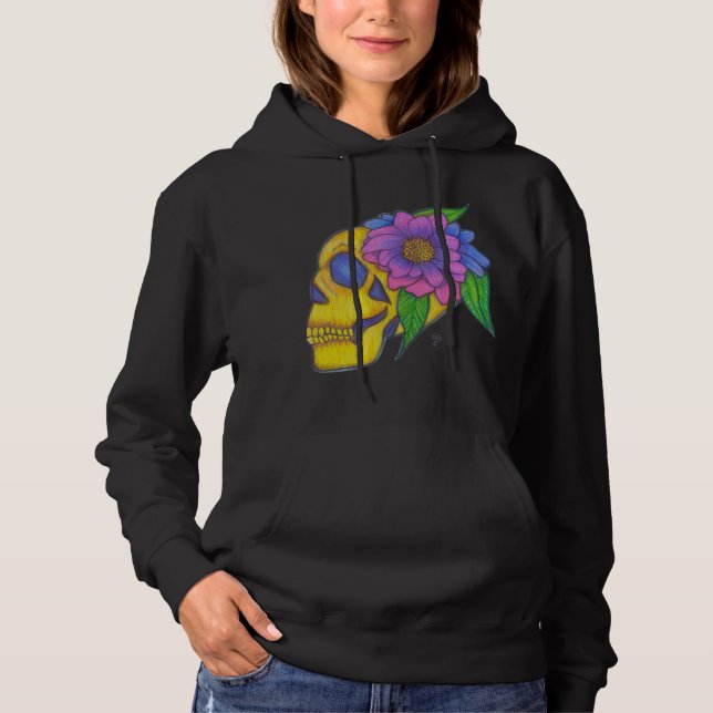 Hoodie With Abstract Yellow Skull and Flower Art (Front)