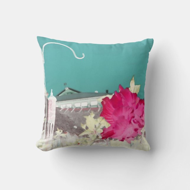 hook hibiscus flower painting invert teal pink cushion (Front)