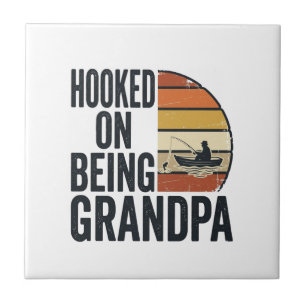 Hooked On Being Grandpa Fishing Retro Vector Desig Ceramic Tile