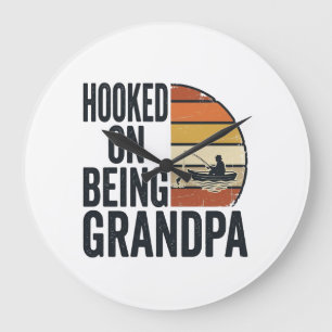 Hooked On Being Grandpa Fishing Retro Vector Desig Large Clock