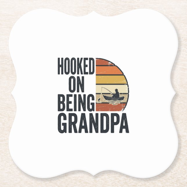 Hooked On Being Grandpa Fishing Retro Vector Desig Paper Coaster (Front)
