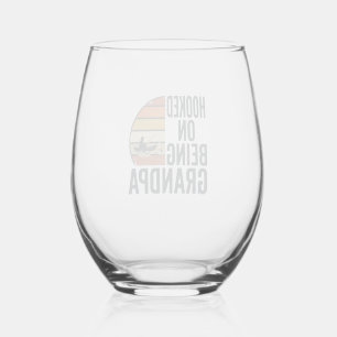 Hooked On Being Grandpa Fishing Retro Vector Desig Stemless Wine Glass