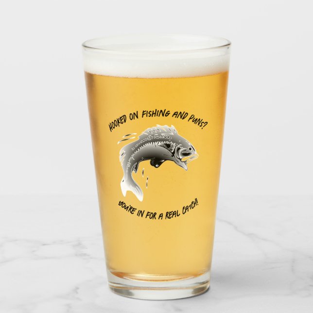 Hooked on fishing and Puns? - Fishing Beer Glass (Front Filled)