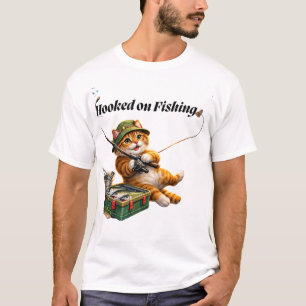 Hooked on Fishing Funny Cat Design T-Shirt