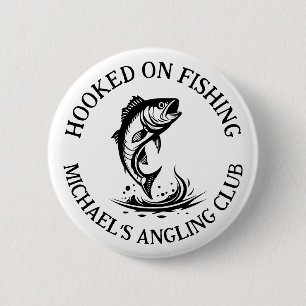 Hooked On Fishing Logo, Personalised Angling Club 6 Cm Round Badge