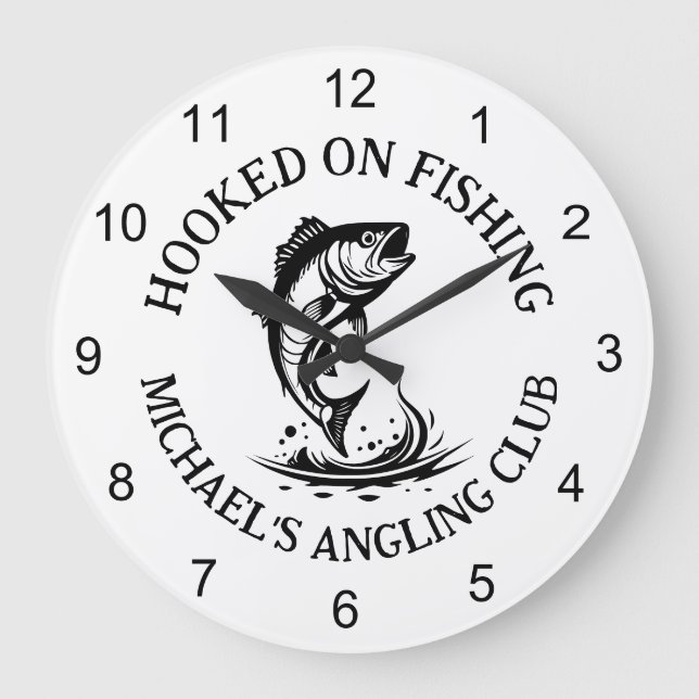 Hooked On Fishing Logo, Personalised Angling Club Large Clock (Front)