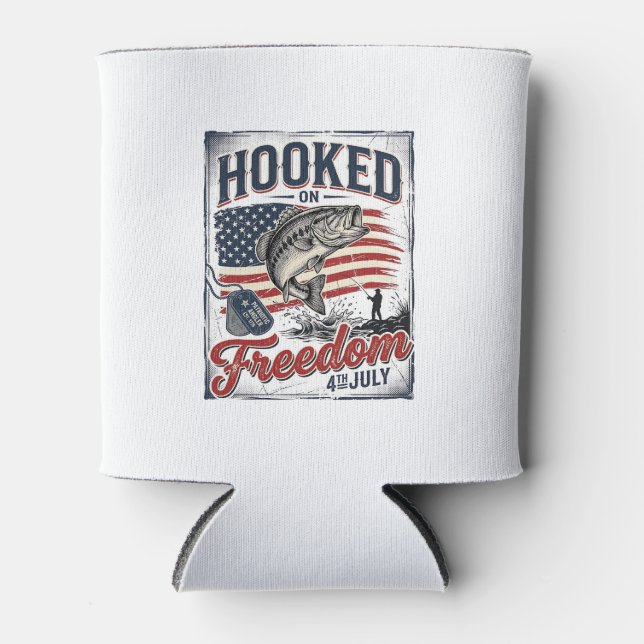 Hooked On Freedom 4th July Fishing Can Cooler (Front)