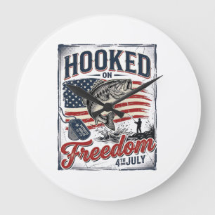Hooked On Freedom 4th July Fishing Large Clock