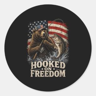 Hooked on freedom fishing bear american flag classic round sticker