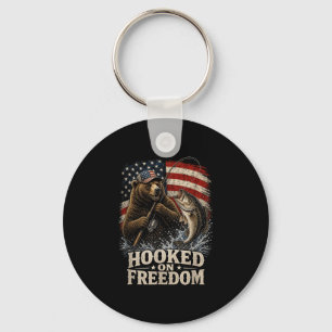 Hooked on freedom fishing bear american flag key ring