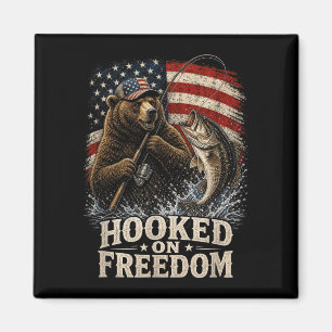 Hooked on freedom fishing bear american flag magnet