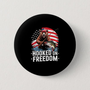 Hooked on freedom patriotic bear fishing american 6 cm round badge