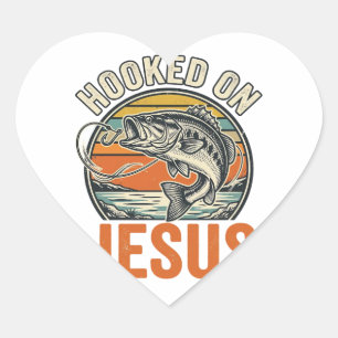 Hooked On Jesus Vintage Bass Fishing Faith Heart Sticker