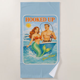 Hooked Up Fishing Pin-up Mermaid   Funny Nautical Beach Towel