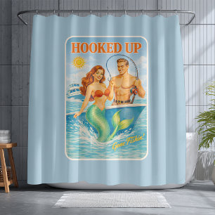 Hooked Up Fishing Pin-up Mermaid   Funny Nautical Shower Curtain