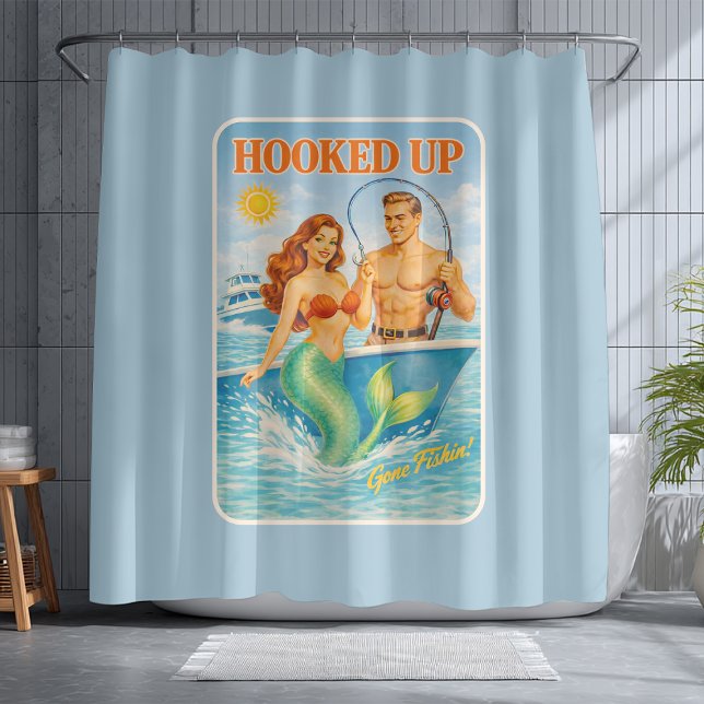 Hooked Up Fishing Pin-up Mermaid | Funny Nautical Shower Curtain (Creator Uploaded)