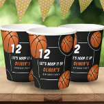 Hoop it up Basketball Sports Kids Birthday Paper Cups<br><div class="desc">Hoop it up Basketball Sports Kids Birthday Party Cups. The design has a fun text "Let's hoop it up" and basketball balls on a black background. Add your name and age. Fun cups stickers for a basketball theme birthday.</div>