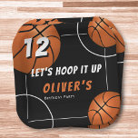 Hoop it up Basketball Sports Kids Birthday Paper Plate<br><div class="desc">Hoop it up Basketball Sports Kids Birthday Paper Plates. The design has a fun text "Let's hoop it up" and basketball balls on a black background. Add your name and age. Great plates for a basketball theme birthday party.</div>