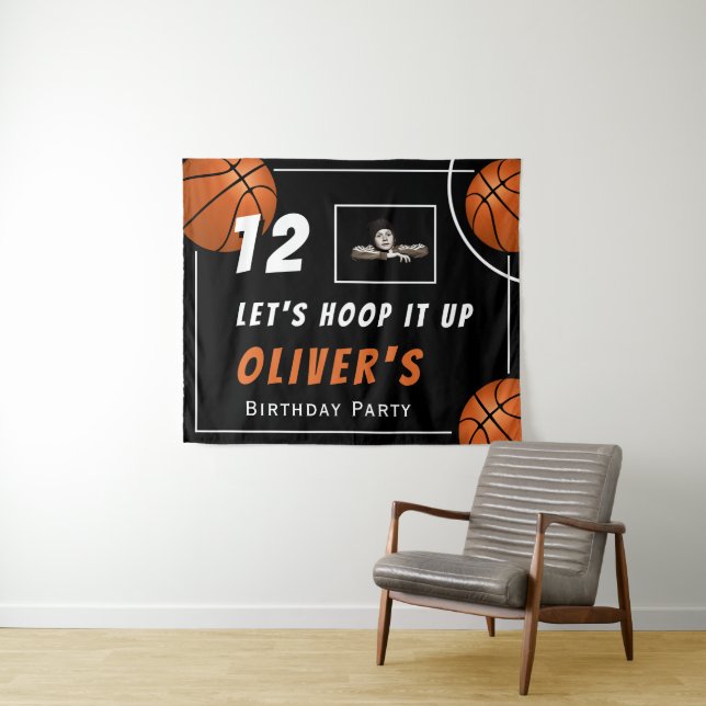 Hoop it up Basketball Sports Photo Birthday Party Tapestry (In Situ (Horizontal))
