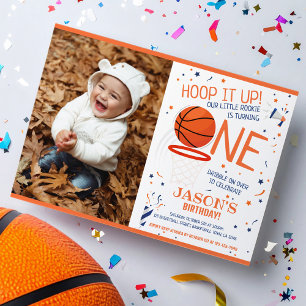 Hoop It Up Orange Photo Basketball 1st Birthday Invitation