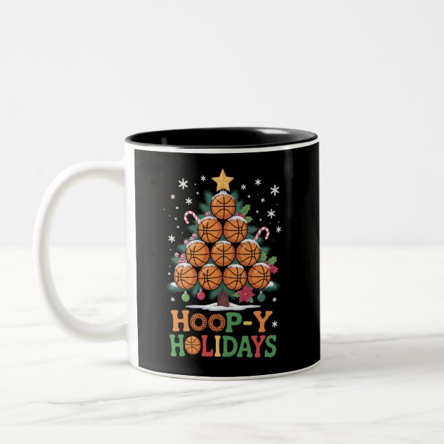 Hoop-y Holidays Basketball Christmas Holiday Sport Two-Tone Coffee Mug (Left)