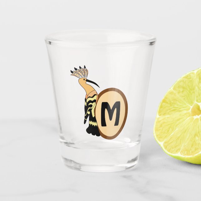 Hoopoe Whimsical Bird Monogram Shot Glass (Front)