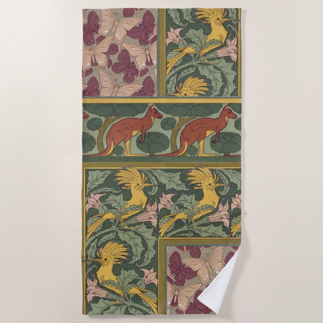 Hoopoes & Jimson Weed Birds & Floral Art Nouveau Beach Towel (Front)