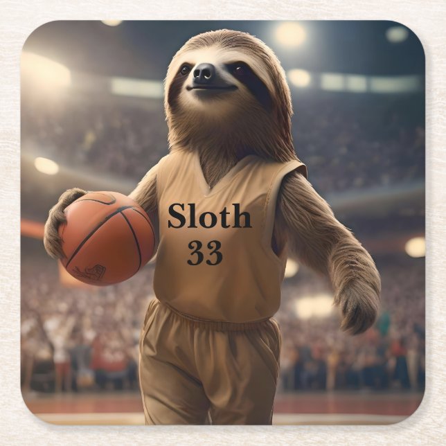 Hoops and Hangs: The Slam Dunking Sloth, Square Paper Coaster (Front)