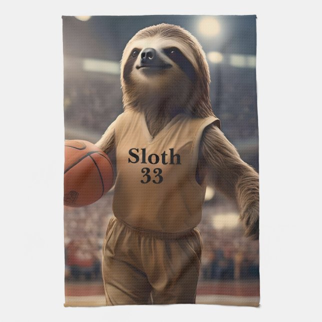 Hoops and Hangs: The Slam Dunking Sloth, Tea Towel (Vertical)