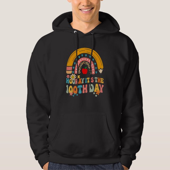Hooray It's The 100th Day Groovy Rainbow 100 Days  Hoodie (Front)