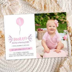 Hooray   Photo Birthday Party Invitation   Pink