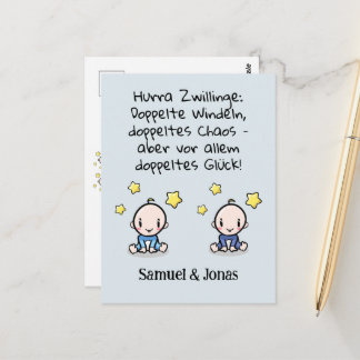 Hooray Twins, Congratulations Birth, with Names, Postcard
