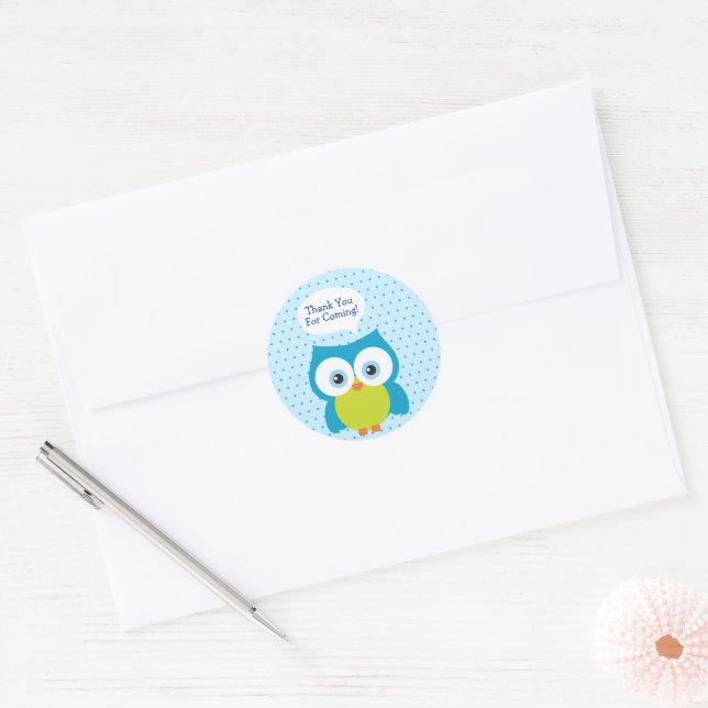 Hoot Owl Boy Blue Thank You for Coming Classic Round Sticker (Envelope)