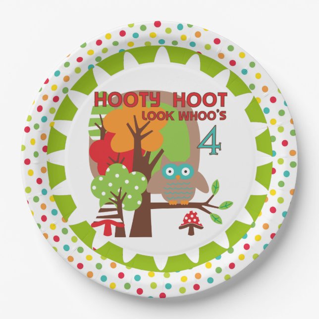 Hooty Hoot Owl 4th Birthday Paper Plates (Front)