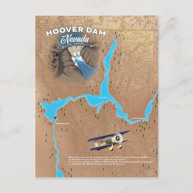 Hoover Dam Nevada map Postcard (Front)