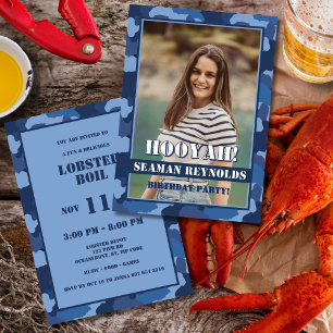 Hooyah! Blue Camo Photo Birthday Lobster Boil Invitation