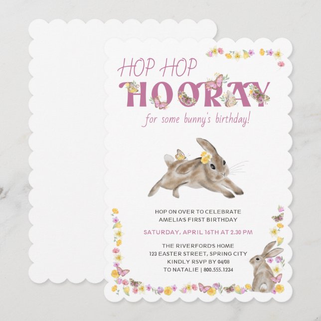 Hop Hop Hooray Bunny and Butterfies Birthday Invitation (Front/Back)