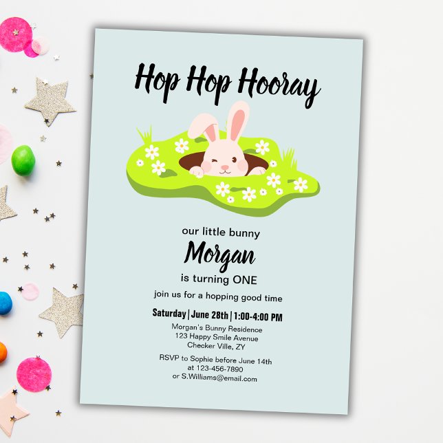 Hop Hop Hooray Some Bunny Rabbit Hole 1st Birthday Invitation (Creator Uploaded)