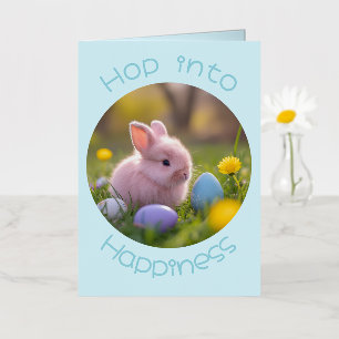 Hop Into Happiness – Fluffy Pink Bunny Easter  Foil Greeting Card