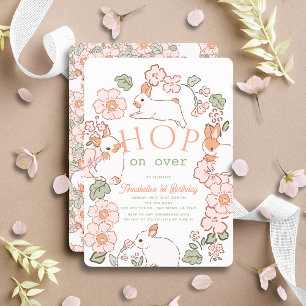 Hop on Over Bunny Boho Floral 1st Birthday Invitation