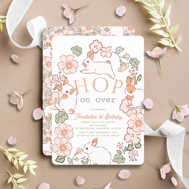 Hop on Over Bunny Boho Floral 1st Birthday Invitation (Creator Uploaded)
