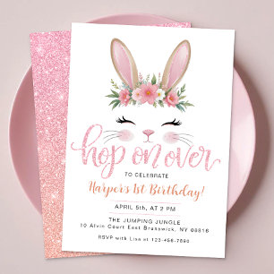 Hop On Over Cute Bunny Birthday Party Invitation