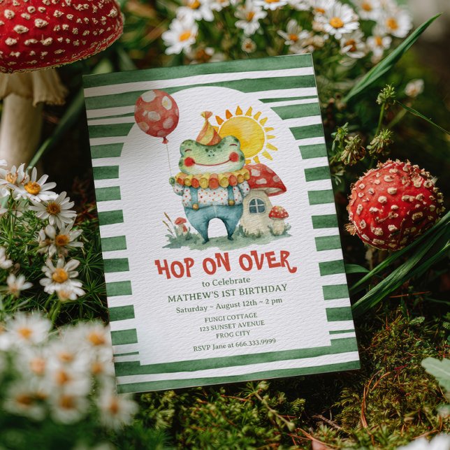 Hop On Over Cute Clown Frog Watercolor Birthday Invitation (Creator Uploaded)